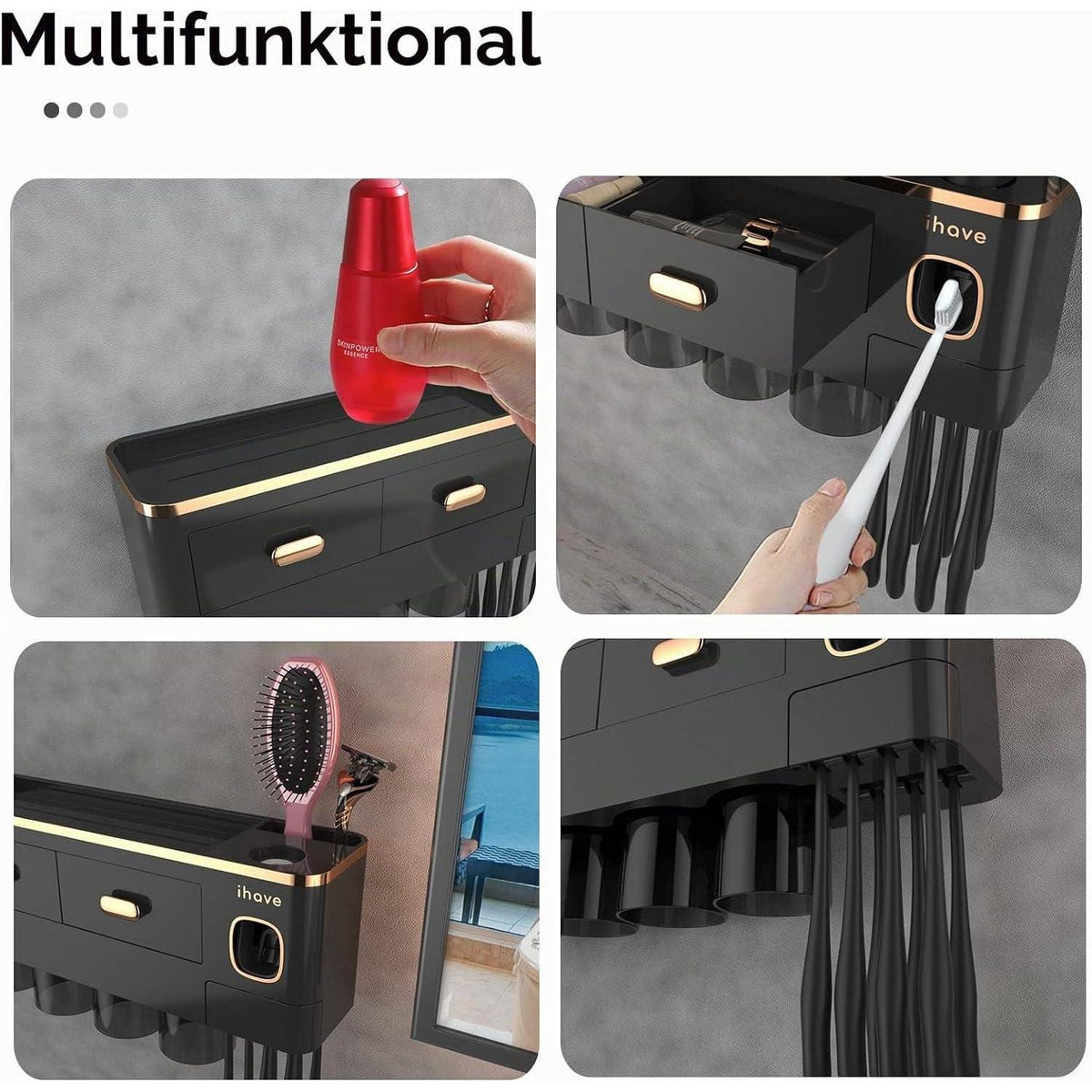 Zahnbürstenhalter Wand mit Spender & Schublade Schwarz-Gold