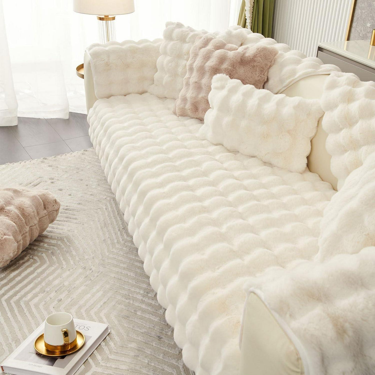 Weicher Sofaüberzug Kunstpelz Rutschfest Beige Weiß 90x160cm
