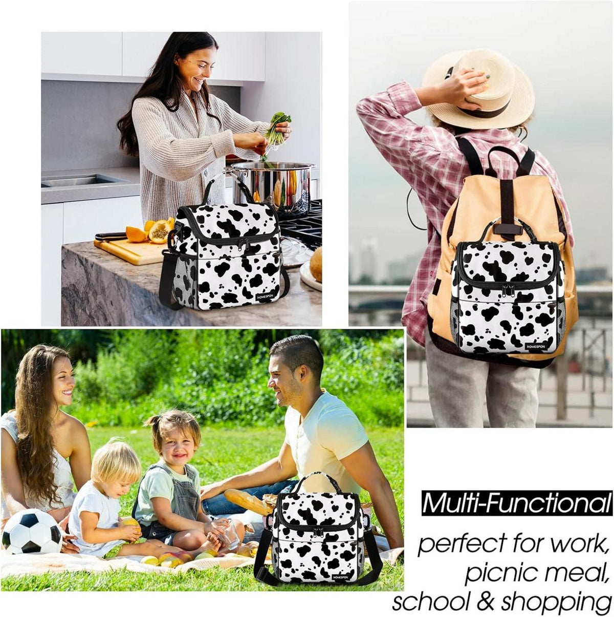Kleine Isolierte Lunchtasche Damen Picknick Thermotasche Kuh Muster