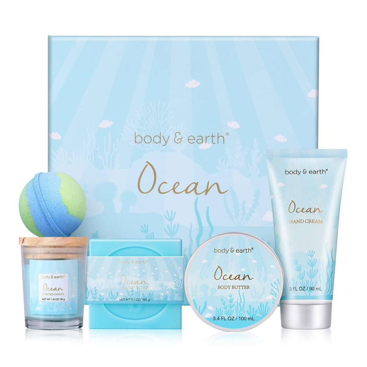 Geschenkbox Wellness-Set Ozeanduft 5tlg. Duftkerze Körperbutter