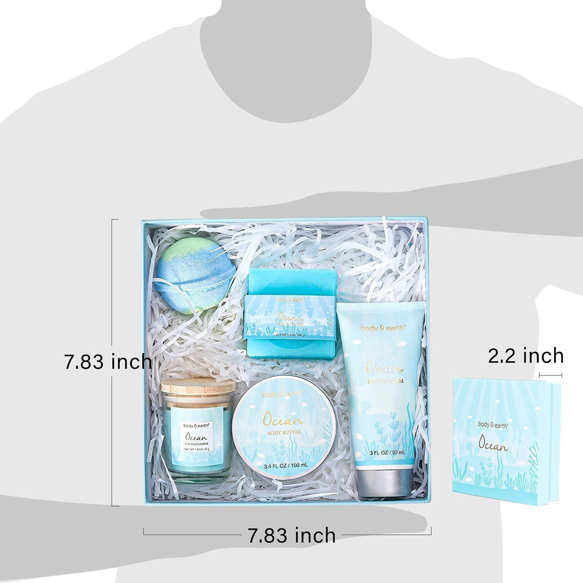 BODY EARTH Geschenkbox Frauen 5tlg Ozeanduft Geschenkset Kerze Körperbutter Handcreme Badebombe Badeset Freundin Mama Mädchen Weihnachtsgeschenke