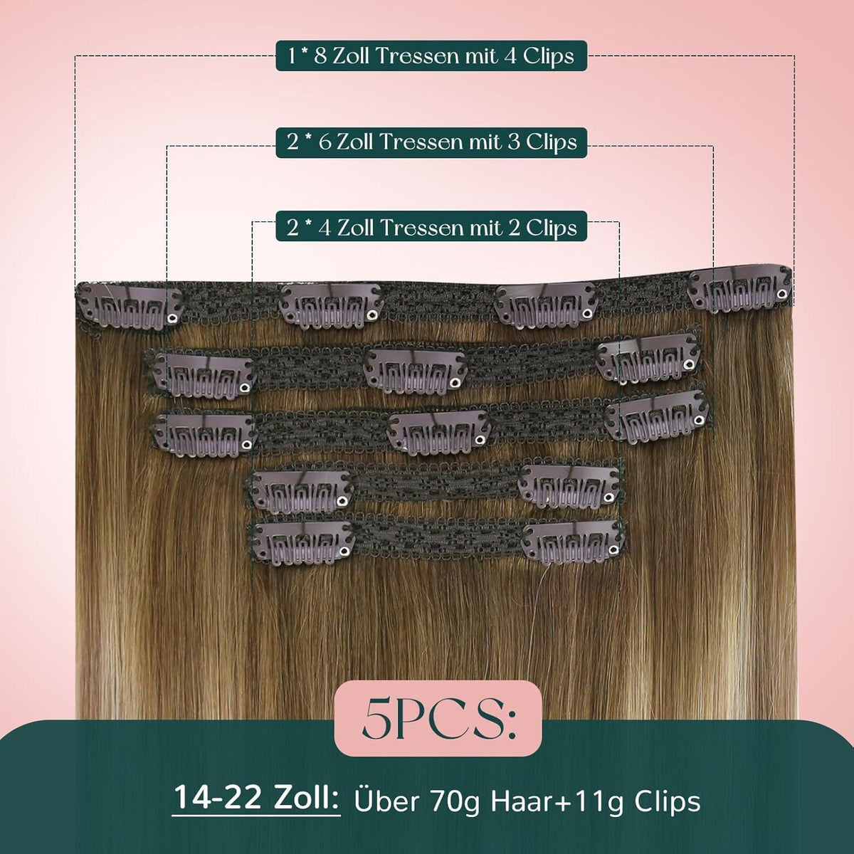 Clip-In Echthaar Extensions Ombre Braun 50cm