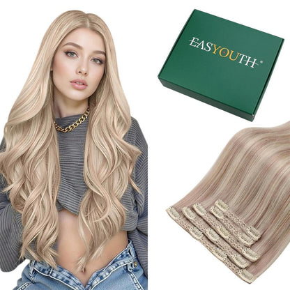 Blond Clip-in Haarverlängerung Echthaar Aschblond Highlighted