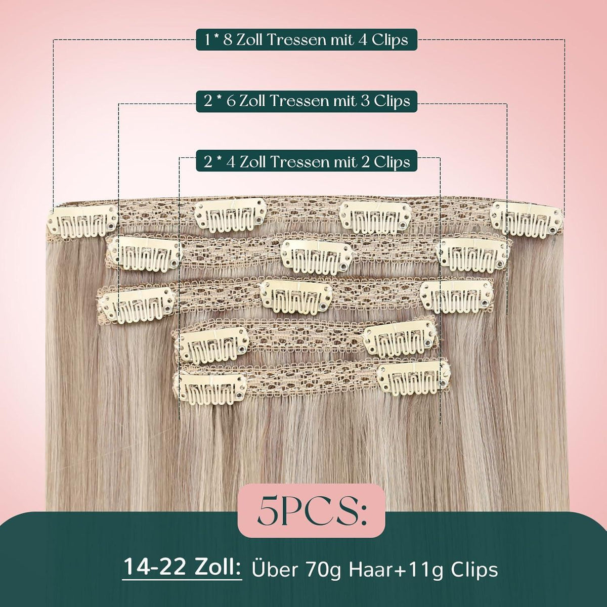 Blond Clip-in Haarverlängerung Echthaar Aschblond Highlighted