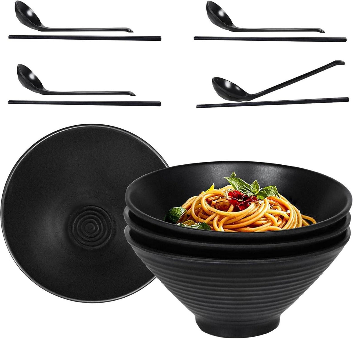 Japanisches Ramenschalen-Set aus Melamin, 4-teilig, 40 OZ, Schwarz