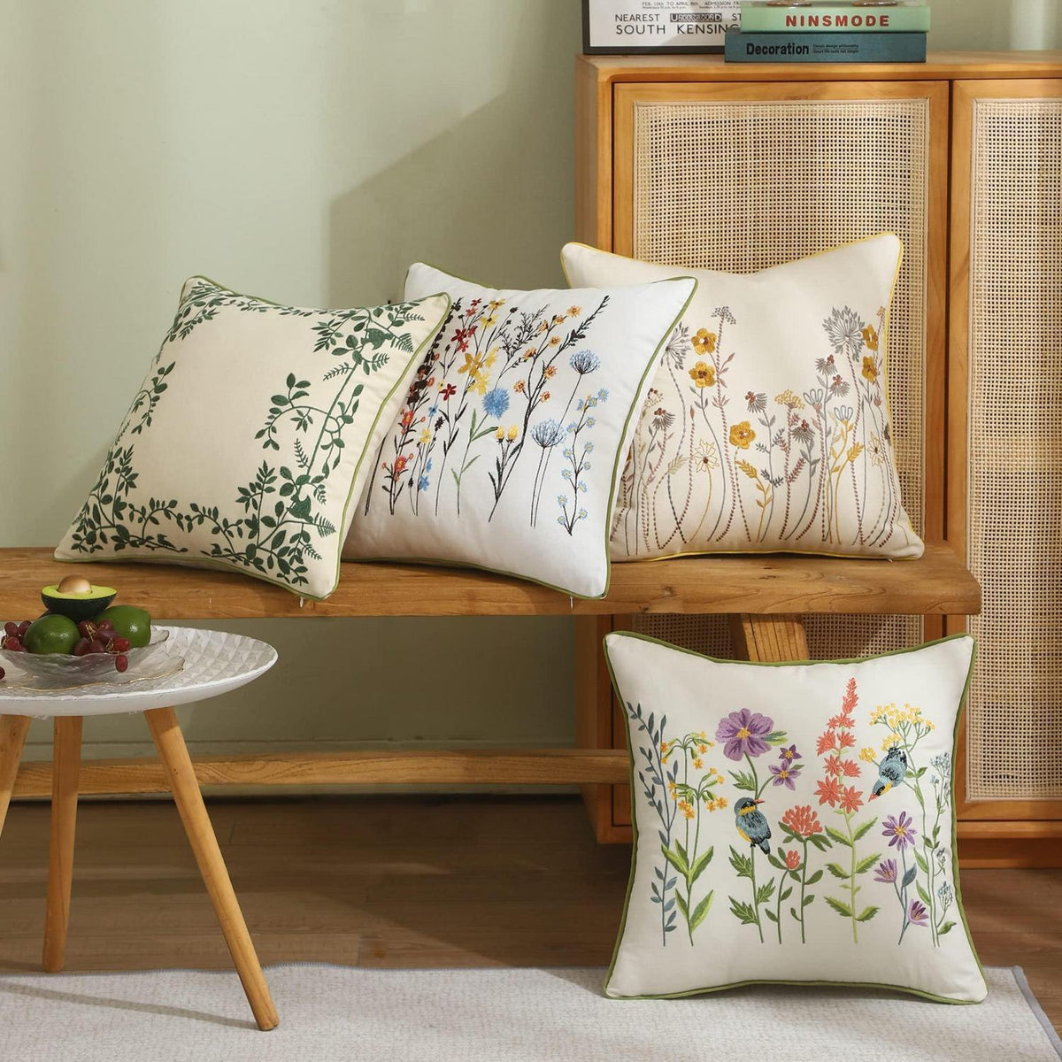 Bestickte Kissenbezüge 45x45cm - Grüne Blätter & Blumenmuster