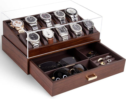 Uhrenbox Herren Echtholz 10 Fächer Uhrenkoffer mit Schublade und