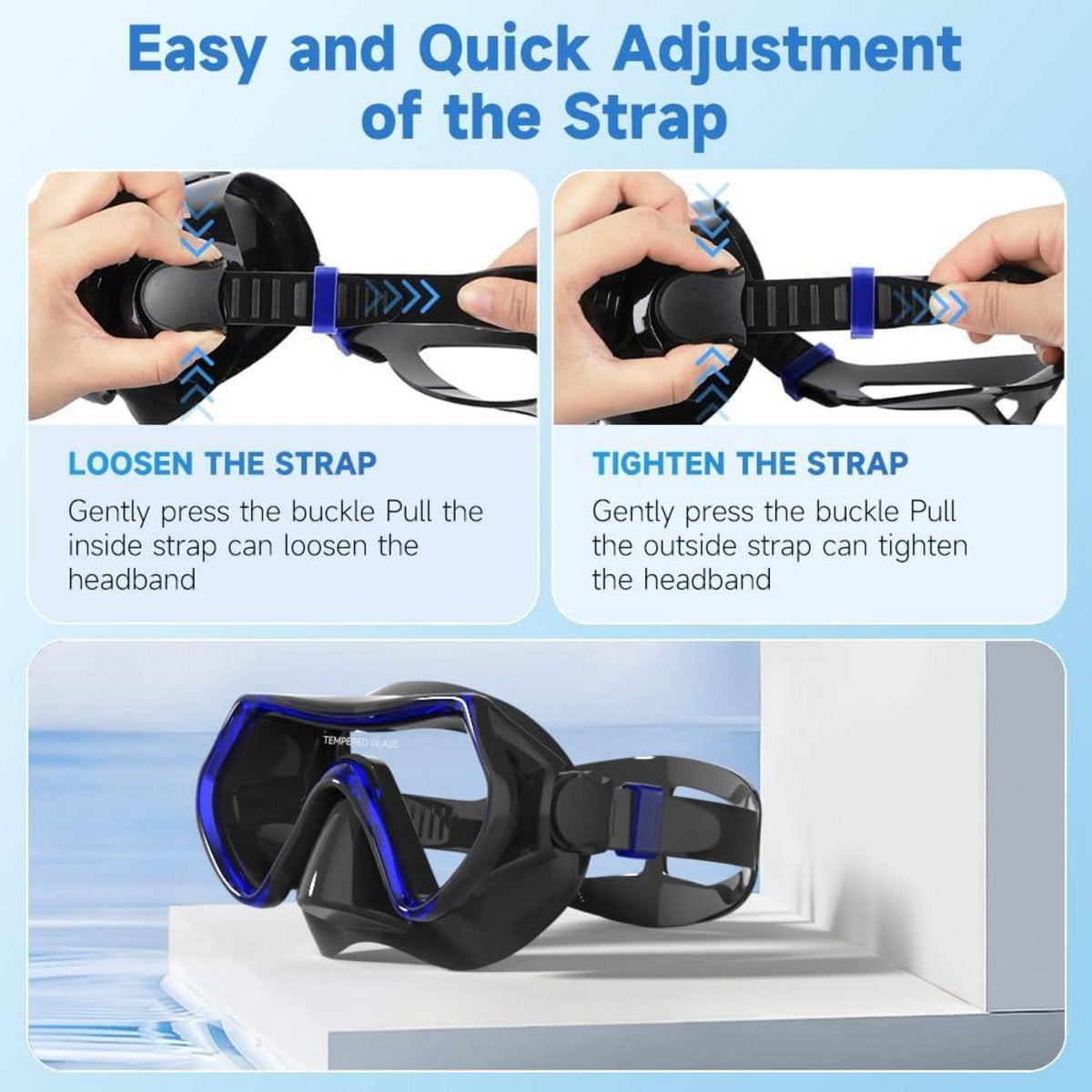 Taucherbrille Erwachsene Teenager HD Glas Schwarz Blau Schnorchelmaske