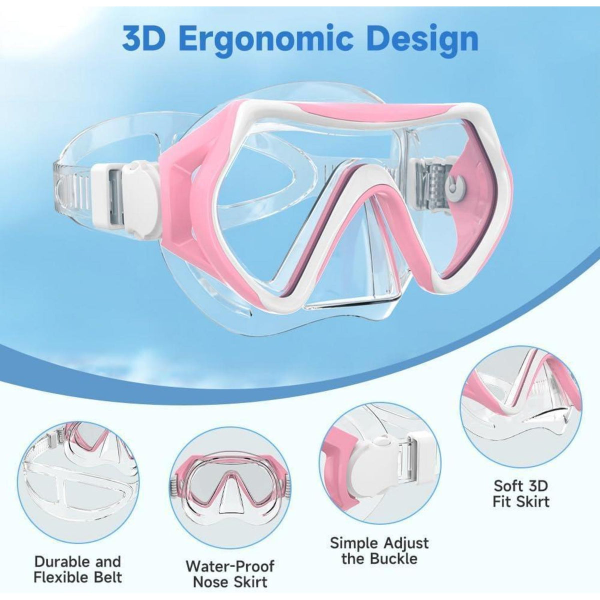 Tauchmaske Erwachsene mit HD Glas, verstellbar, Rosa Weiß