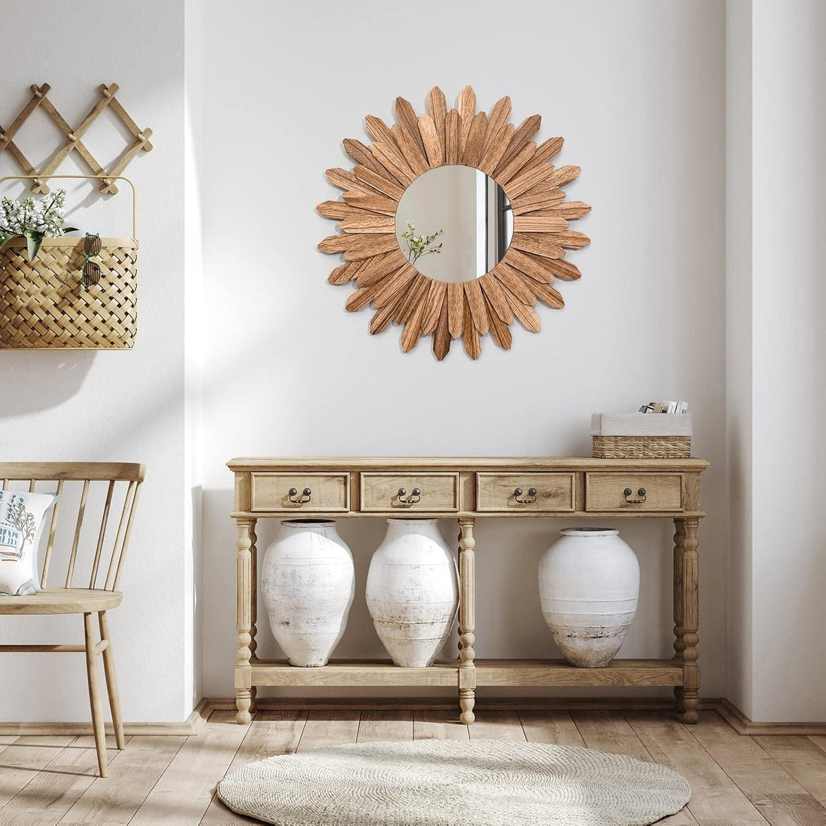 Rustikaler Wandspiegel Holz 53 cm – Boho Bauernhaus Spiegel