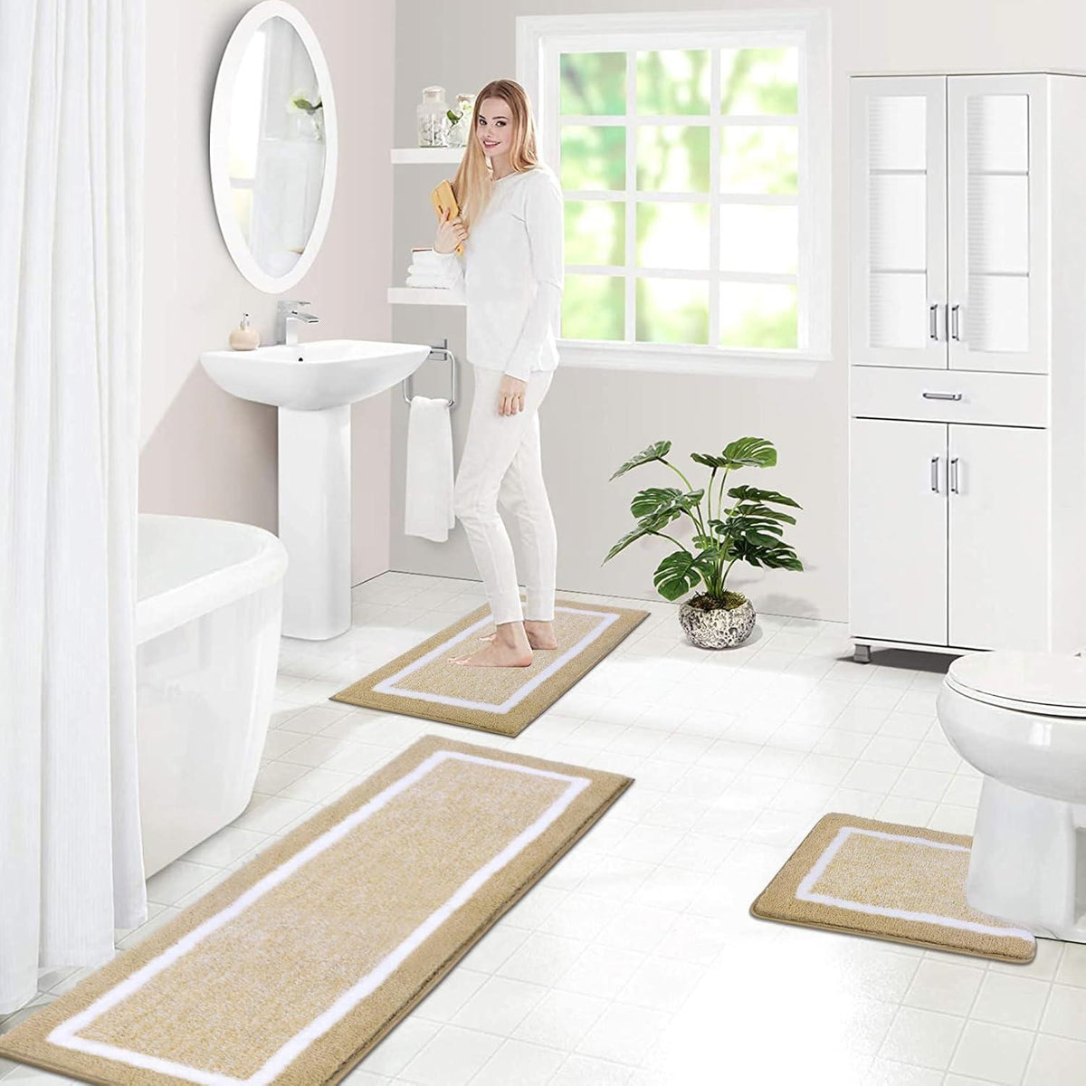 Badematten Set 3-teilig Mikrofaser rutschfest Saugfähig Beige 45x65+45x120+U