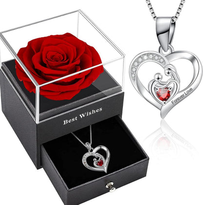 Muttertagsgeschenk Ewige Rose Halskette 925 Silber Granat Herz Kette