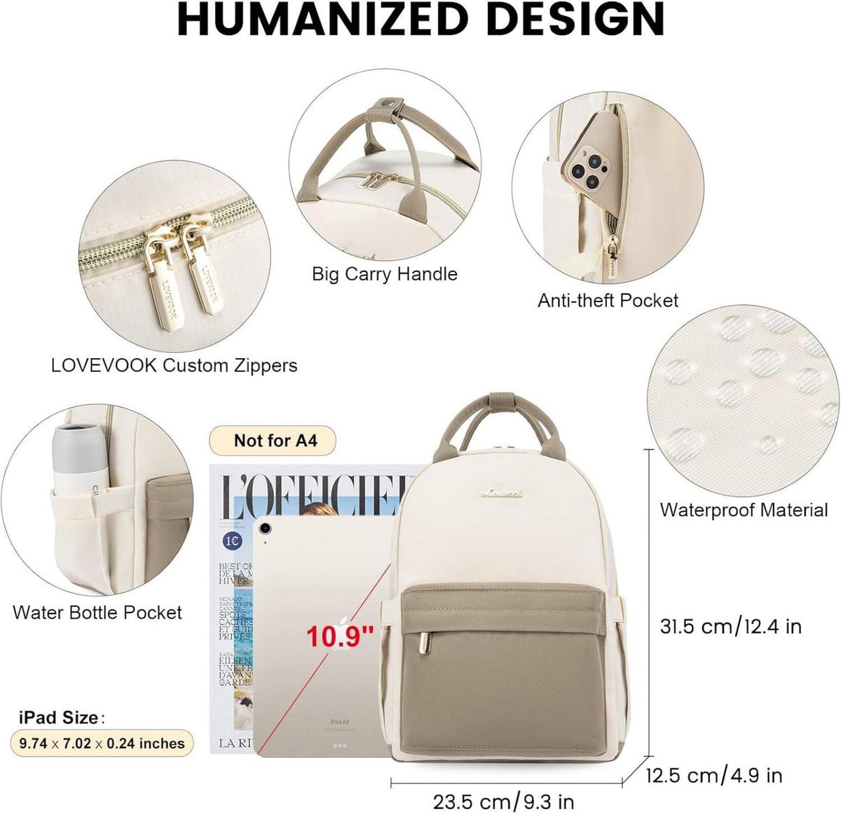 LOVEVOOK Kleiner Rucksack Damen Wasserdicht Mini Backpack Stilvoll 2 in 1 Handtasche Tagesrucksack Khaki 11 Zoll