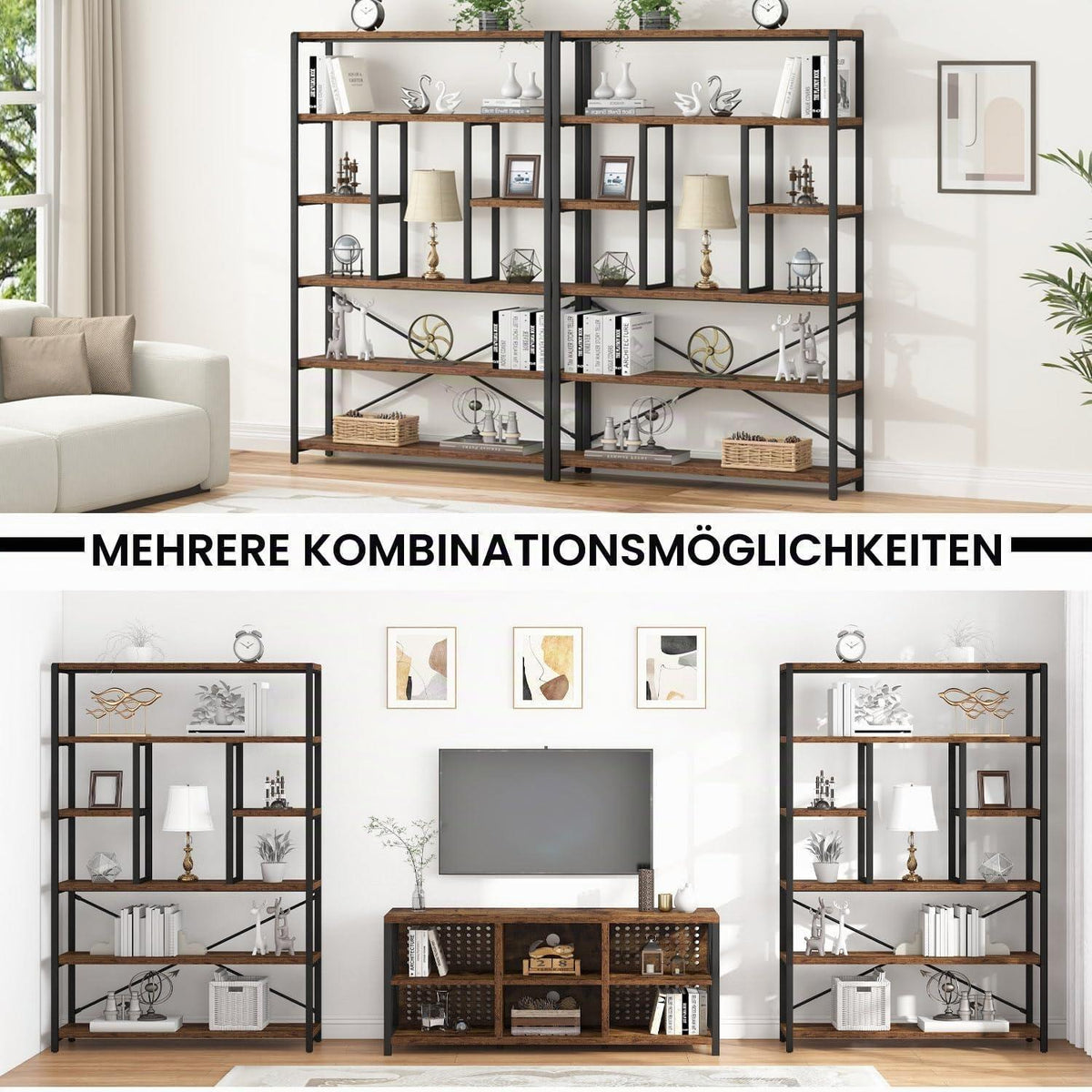 6-Ebenen Bücherregal Holz-Metall Vintagebraun-Schwarz