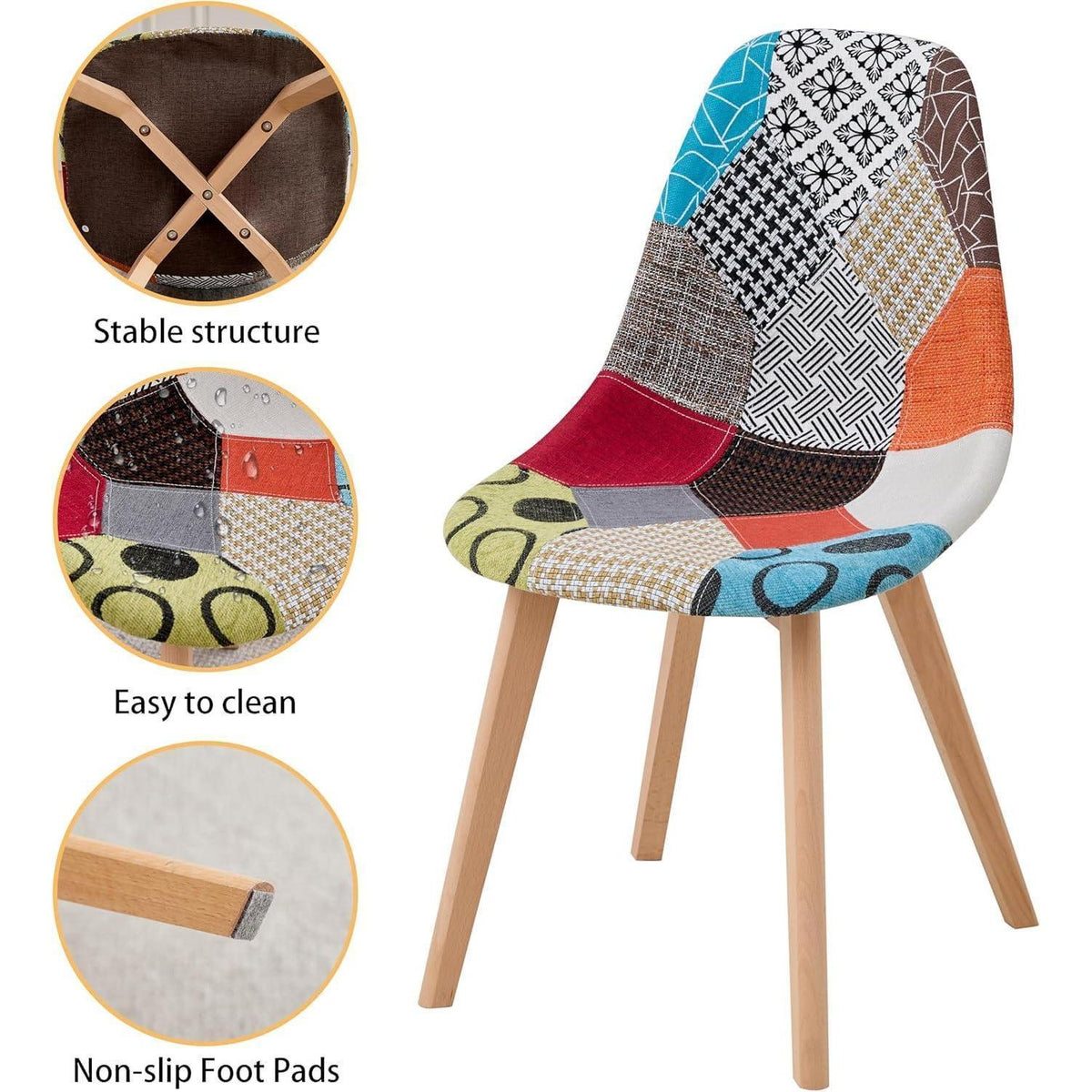 Patchwork Esszimmerstuhl Set (8 Stühle) – Bequemer Stoffstuhl mit Holzbeinen