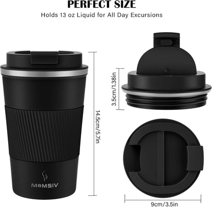 Thermobecher Isolierbecher 380ml Edelstahl Travel Mug Schwarz Rutschfest