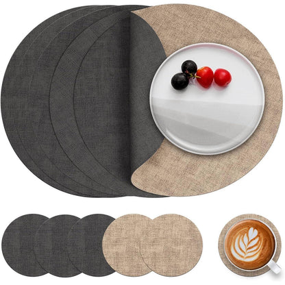 Platzsets Rund 36cm Abwaschbar 6er Set Grau Beige in Lederoptik
