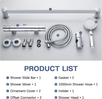 Duscharmatur Thermostat Edelstahl Dusche 5 Strahlarten Handbrause 1,5m