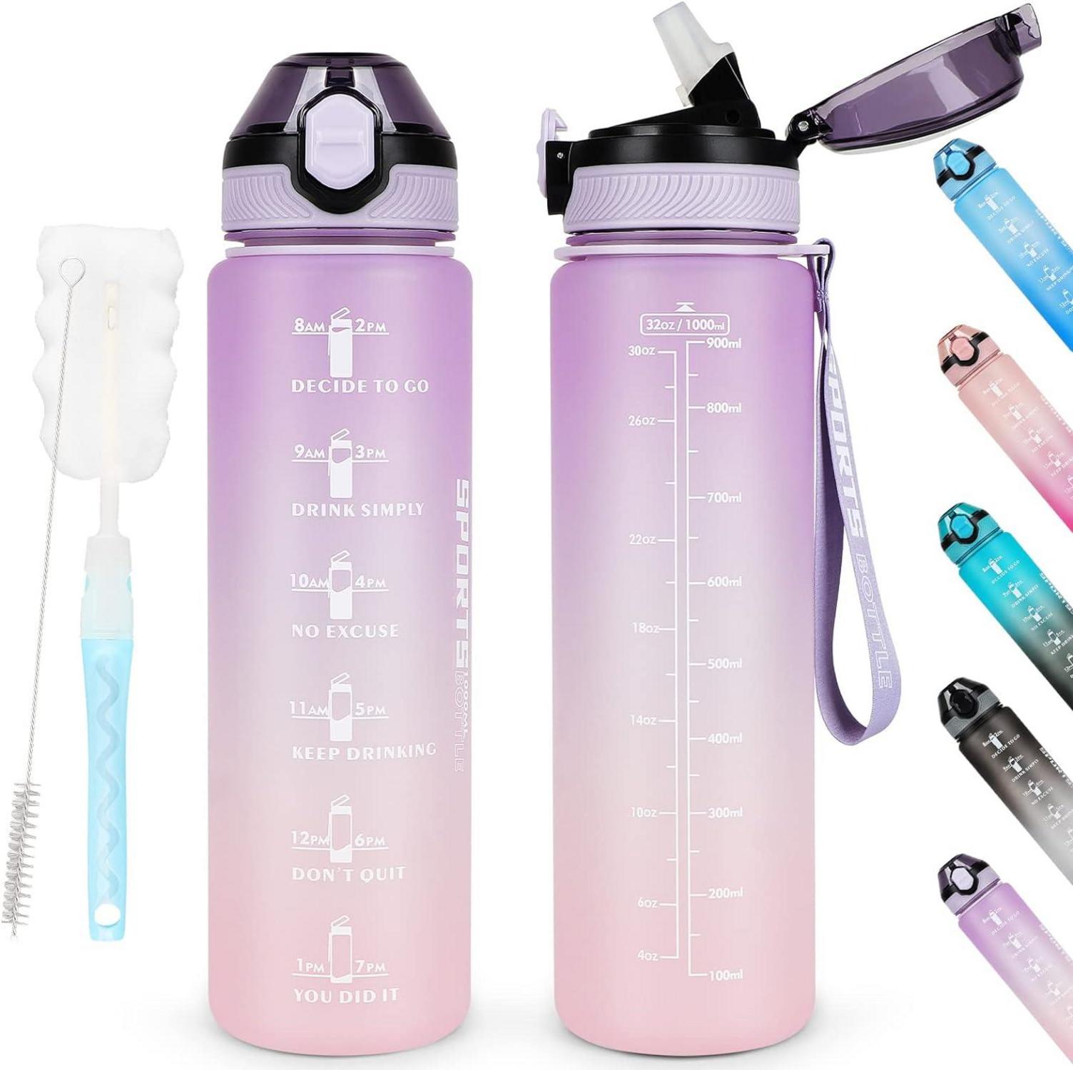 Sport Trinkflasche 1L BPA-frei mit Stroh und Zeitmarkierungen