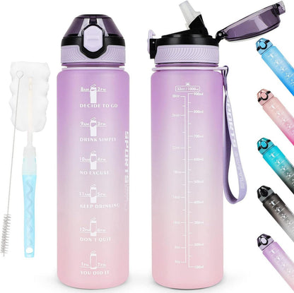 Sport Trinkflasche 1L BPA-frei mit Stroh und Zeitmarkierungen