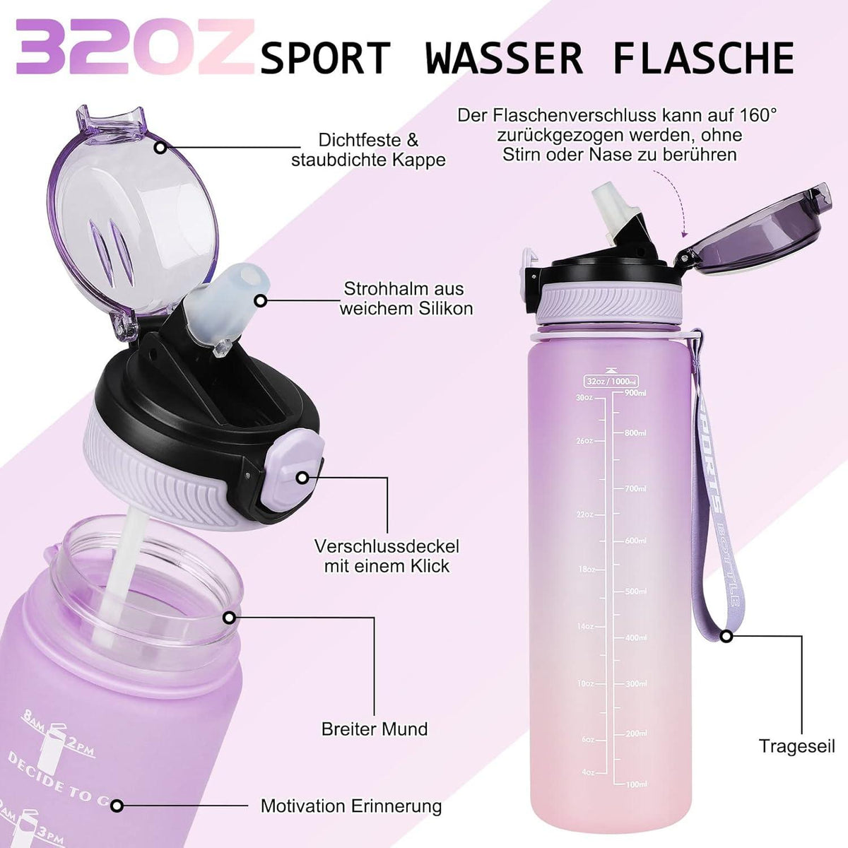 AOHAN Trinkflasche 1L BPA-frei Sport Wasserflasche mit