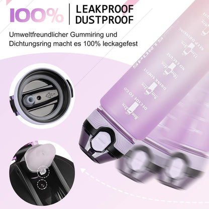Sport Trinkflasche 1L BPA-frei mit Stroh und Zeitmarkierungen