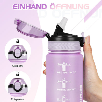 AOHAN Trinkflasche 1L BPA-frei mit Zeitmarkierungen, Stroh, spülmaschinenfest - Lila Rosa
