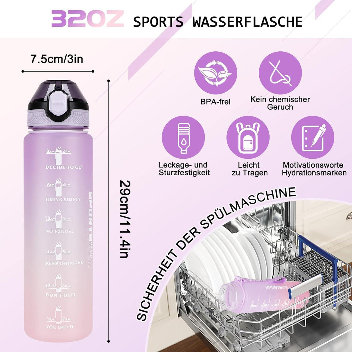 Sport Trinkflasche 1L BPA-frei Motivierende Wasserflasche mit Zeitmarkierungen