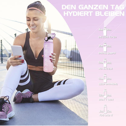 Sport Trinkflasche 1L BPA-frei mit Strohhalm und Zeitmarkierungen