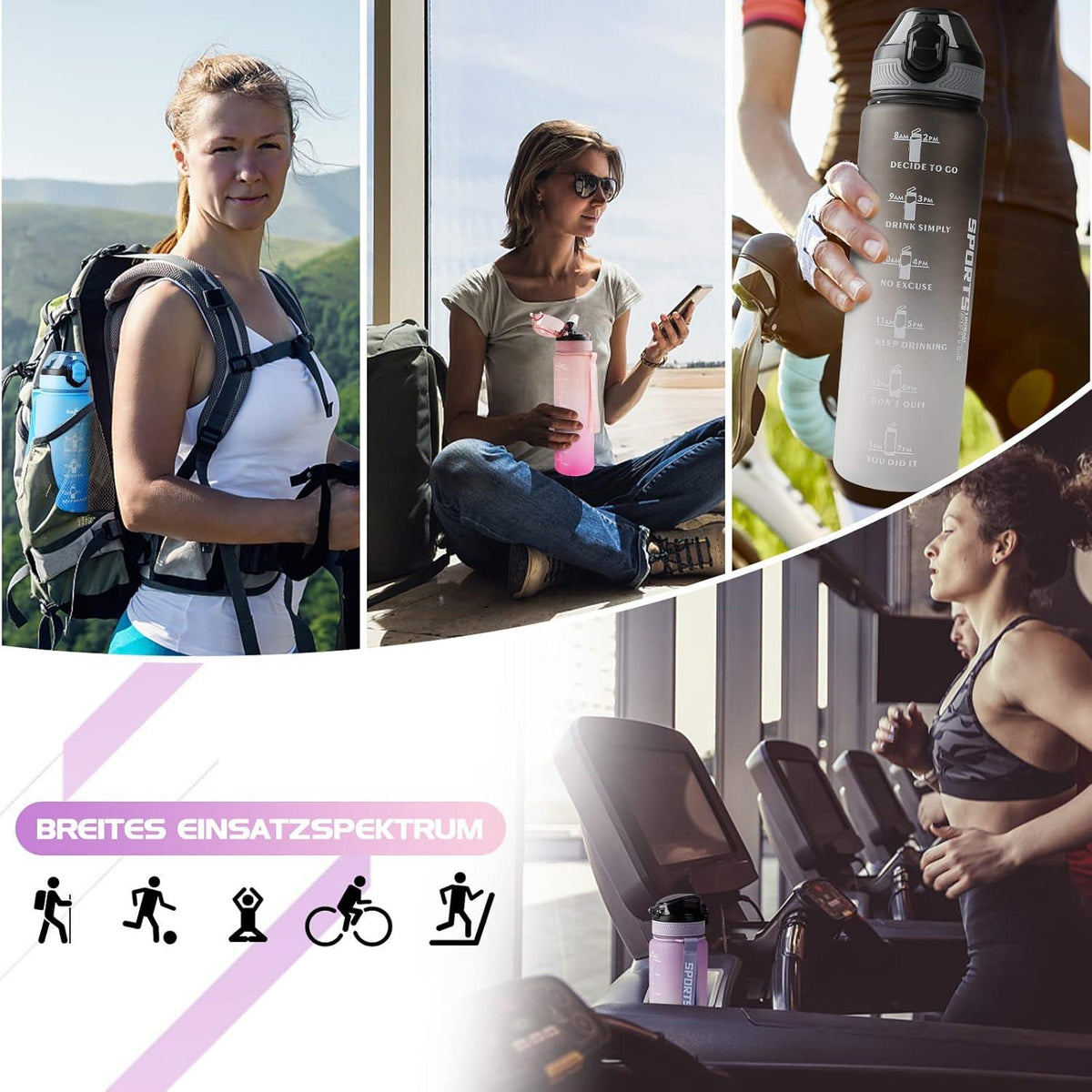 Sport Trinkflasche 1L BPA-frei Motivierende Wasserflasche mit Zeitmarkierungen