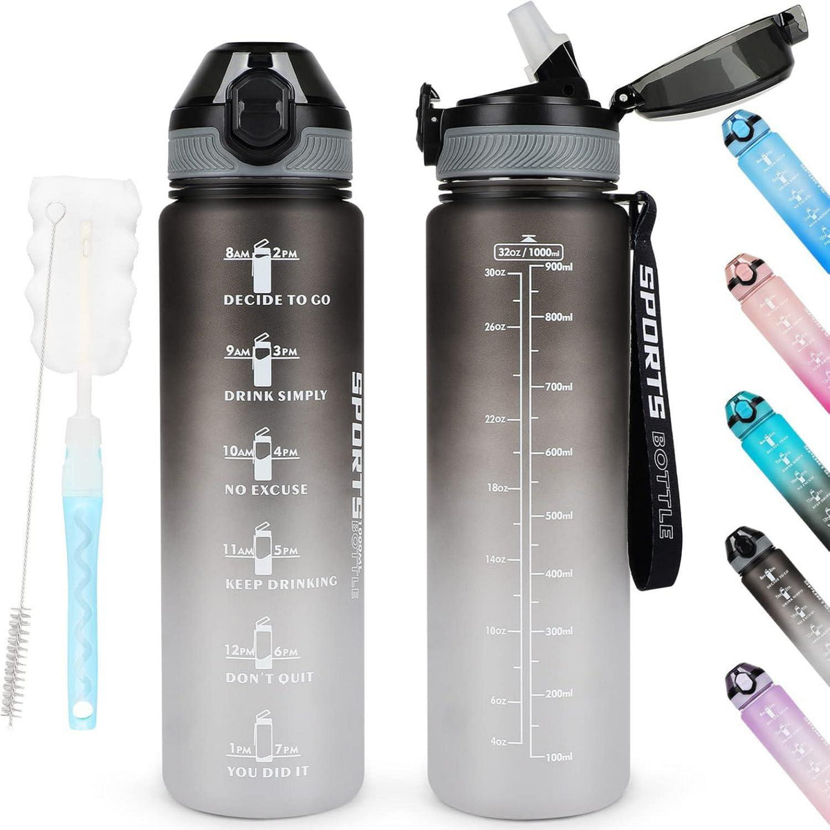 Sport Trinkflasche 1L BPA-frei Stroh Zeitmarkierungen Grau