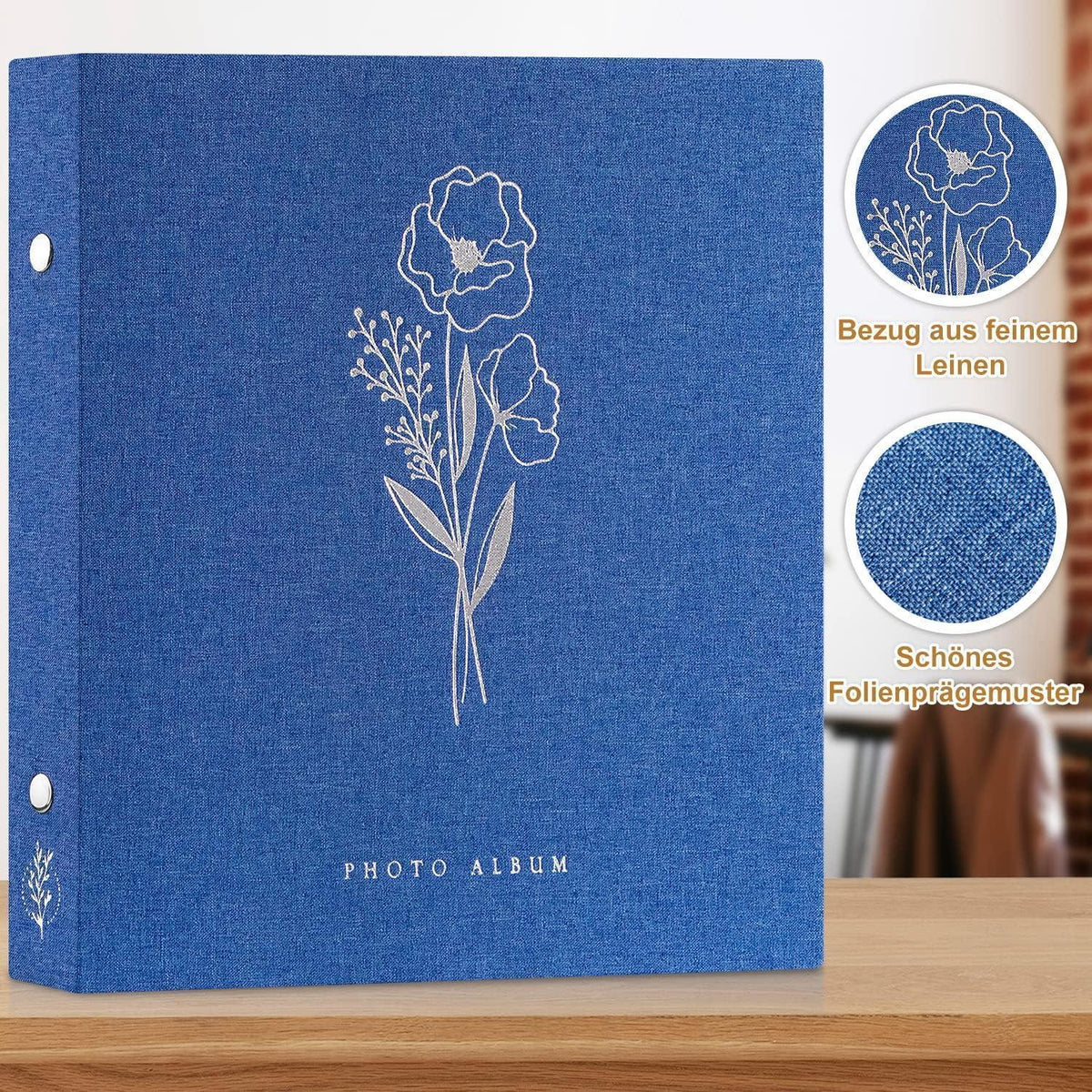 Selbstklebendes Fotoalbum Leinen Blau 80 Seiten mit Stift