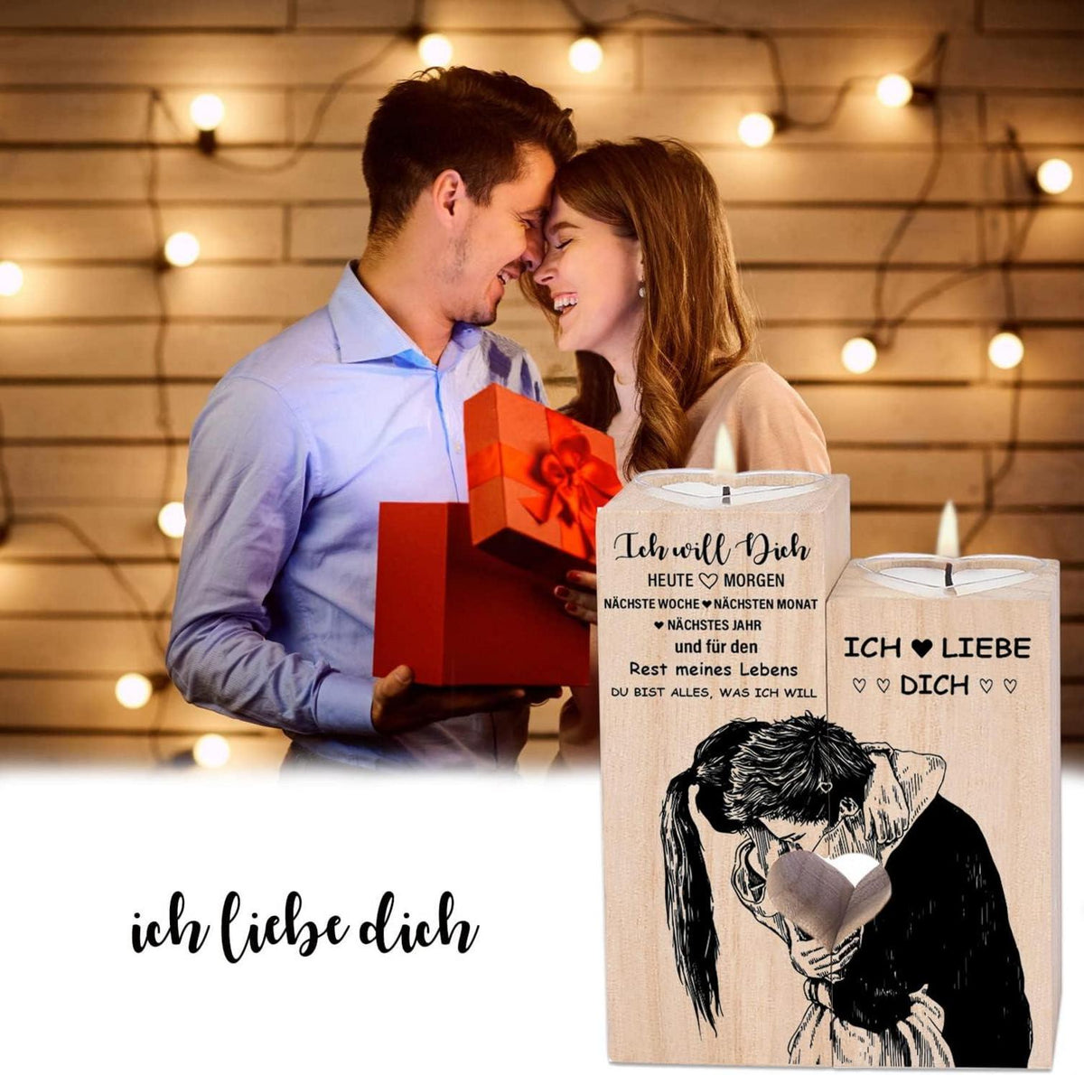 Jahrestag Geschenk Partner Kerzenständer Holz inkl. Kerze