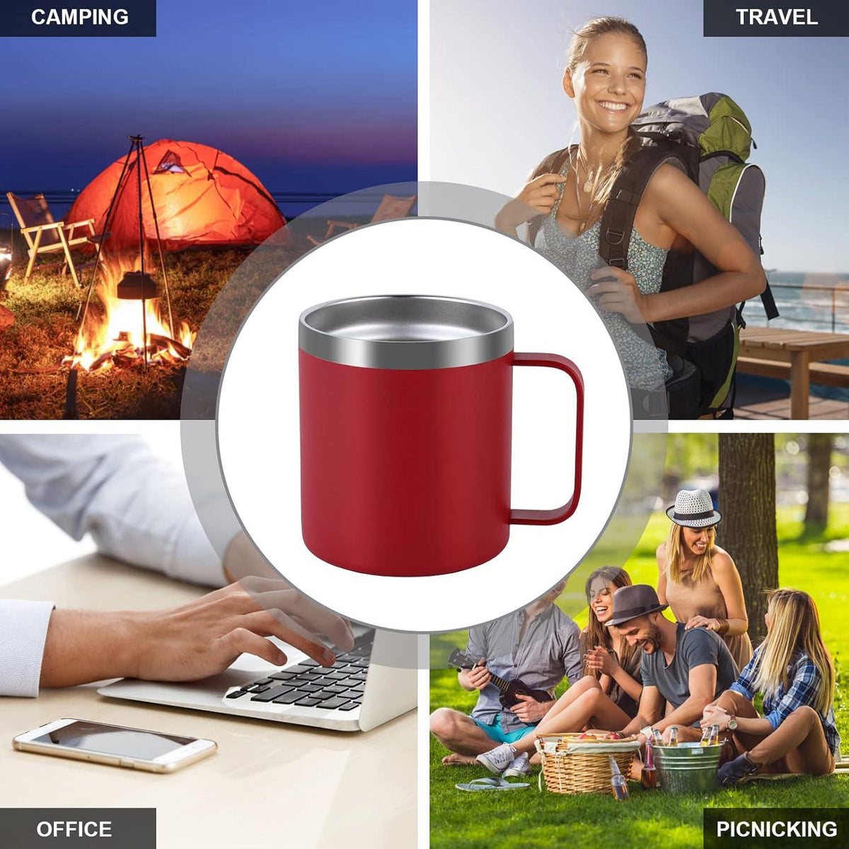 Livole Edelstahl Camping Becher 12oz Trinkbecher mit Deckel Strohhalm 350ml Rot