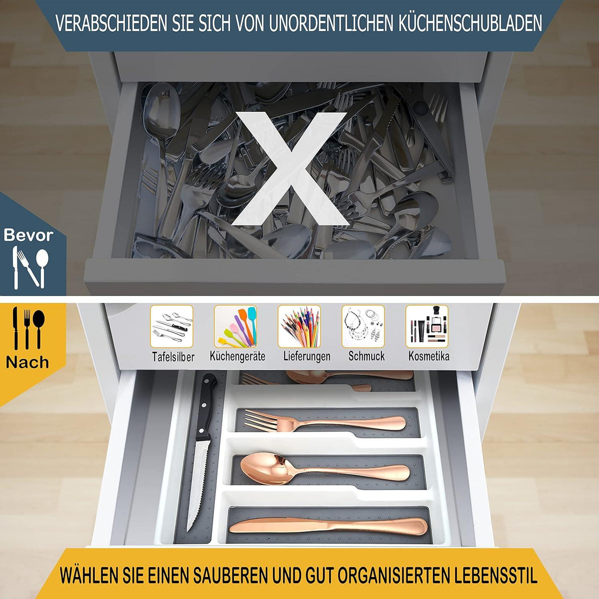 Besteckkasten Schubladeneinsatz 5 Fächer Küche Büro 32,2 x 28,8 x 4,5 cm