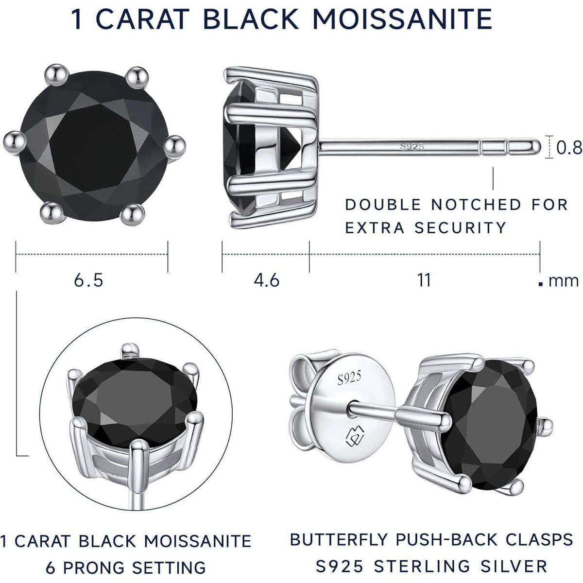 Schwarze Moissanite Ohrstecker 2 Karat 925 Sterling Silber