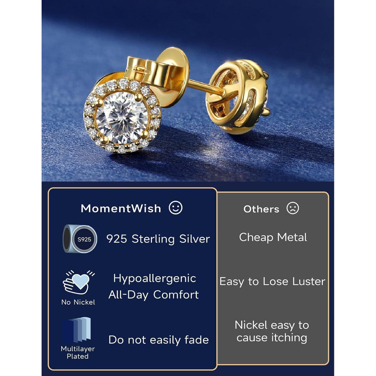 Moissanit Ohrstecker Gold 585 mit Halo, 2 Karat, Rosegold Vergoldet