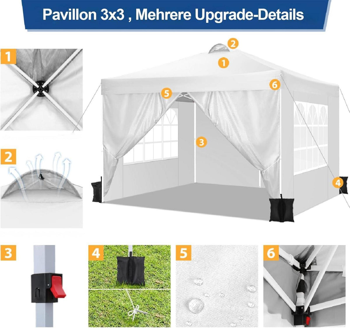 Pavillon 3x3 UV-Schutz 50+ Wasserdicht Stabil Winterfest 4