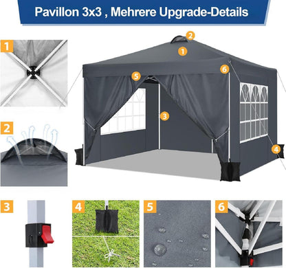 Pavillon 3x3 Faltpavillon 3x3 Wasserdicht 50+ UV-Schutz Winterfest