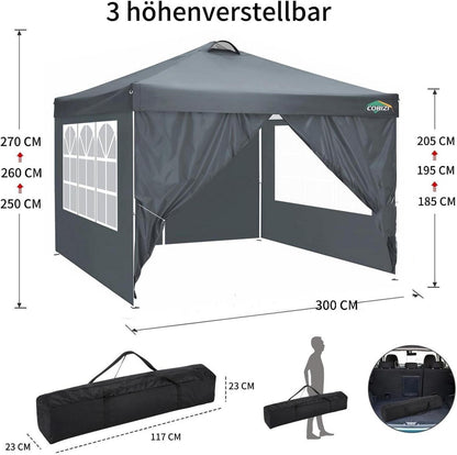 COBIZI Pavillon 3x3 UV 50+ Faltpavillon Stabil Wasserdicht 4 Seitenteile