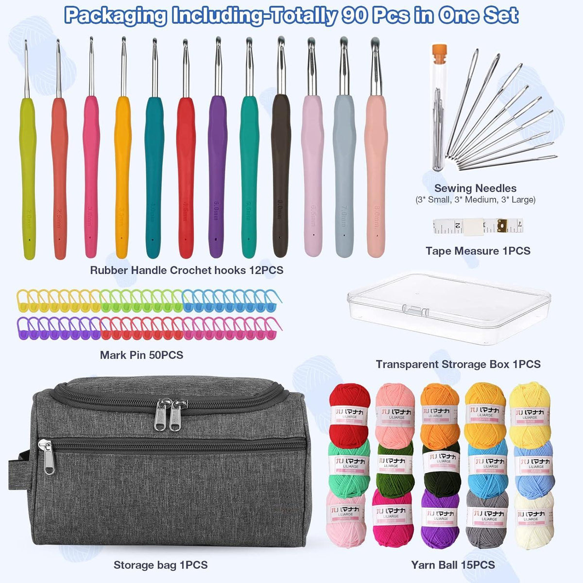 YINVA Häkelnadel Set 90 Stück Häkelset Anfänger 15 Garn 2mm-8mm Crochet Blau