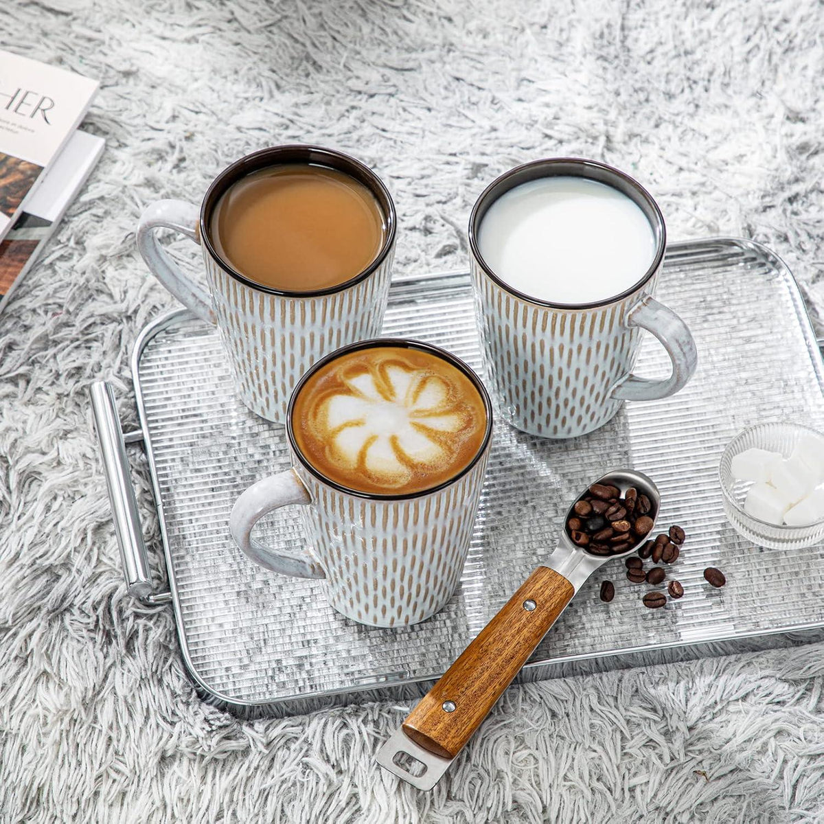 PLUVO Steingut Kaffeetassen Set, 6er Beige 480ml Henkel