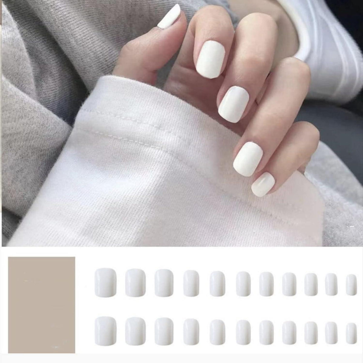 24 Stück Weiße Eckige Nägel Aufkleben Kurz Glossy French Fake Nails