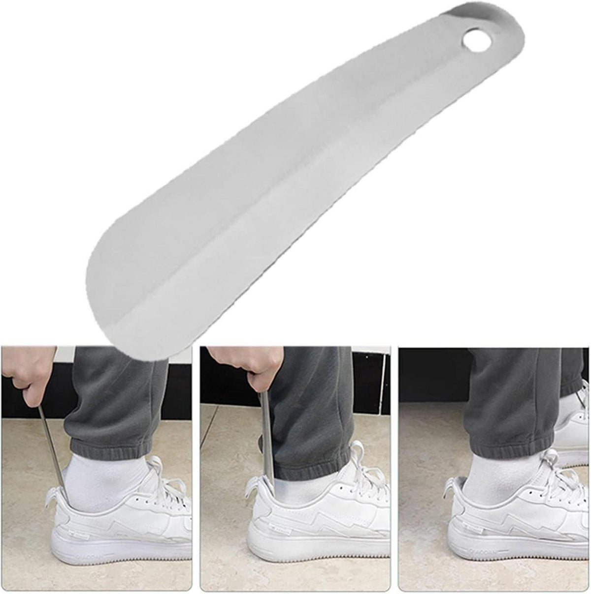 Schuhlöffel Edelstahl 16cm Shoe Horn hängendem Loch ergonomischer Form herren damen Kinder Senioren Silber