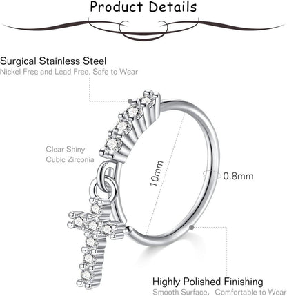 Mayhoop 20G Nasenpiercing Fake Nasenring Hoop Silber Rosegold CZ Edelstahl 10mm 3er Set