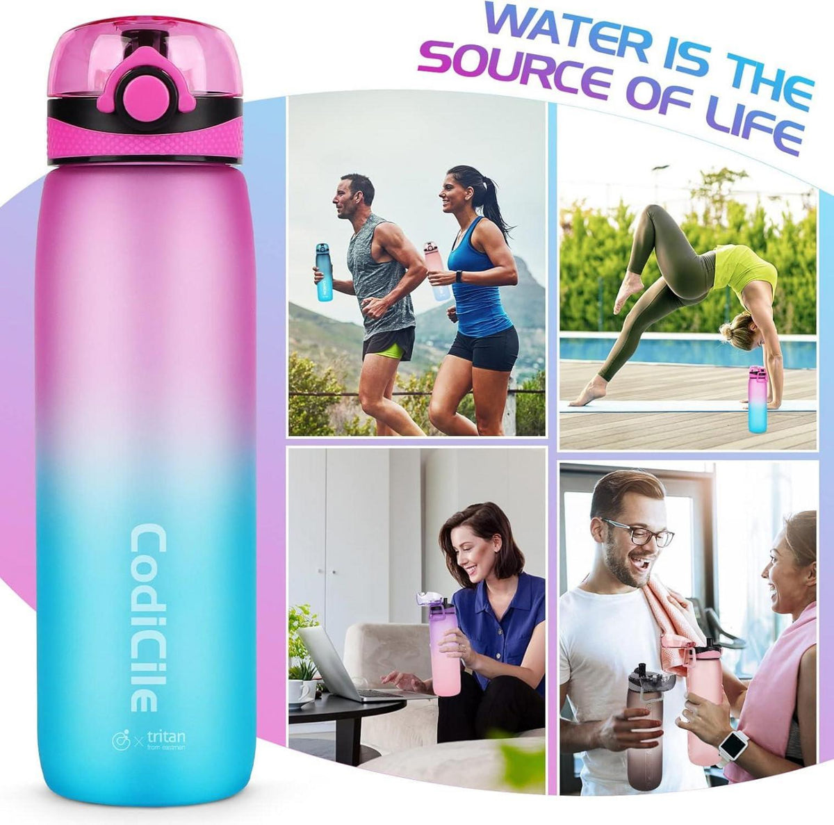 Wasserflasche 1L Tritan BPA frei Sport Trinkflasche Zeitfilter Lila Blau
