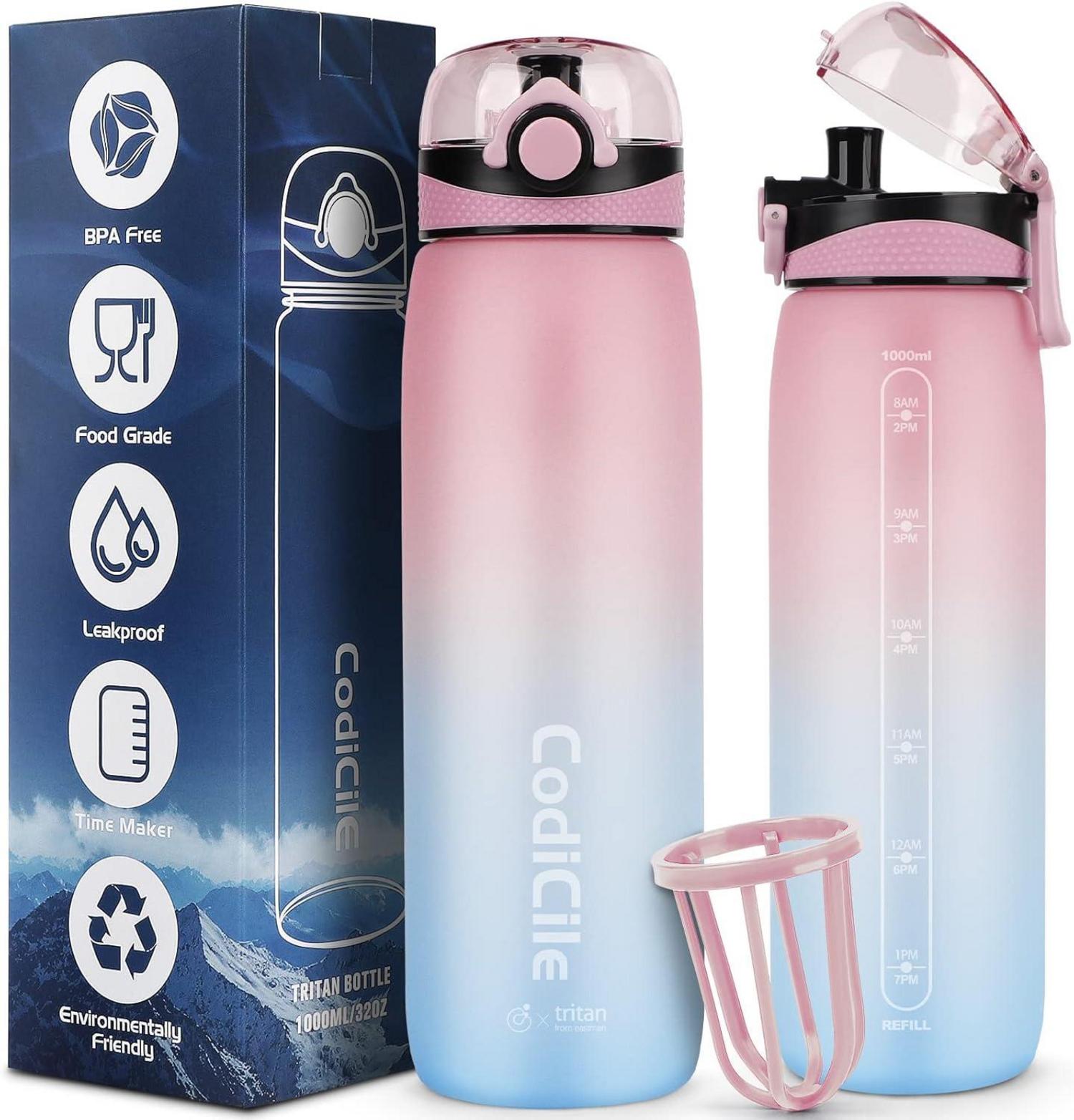 Trinkflasche 1L BPA frei, Sport Wasserflasche mit Zeitmarkierung