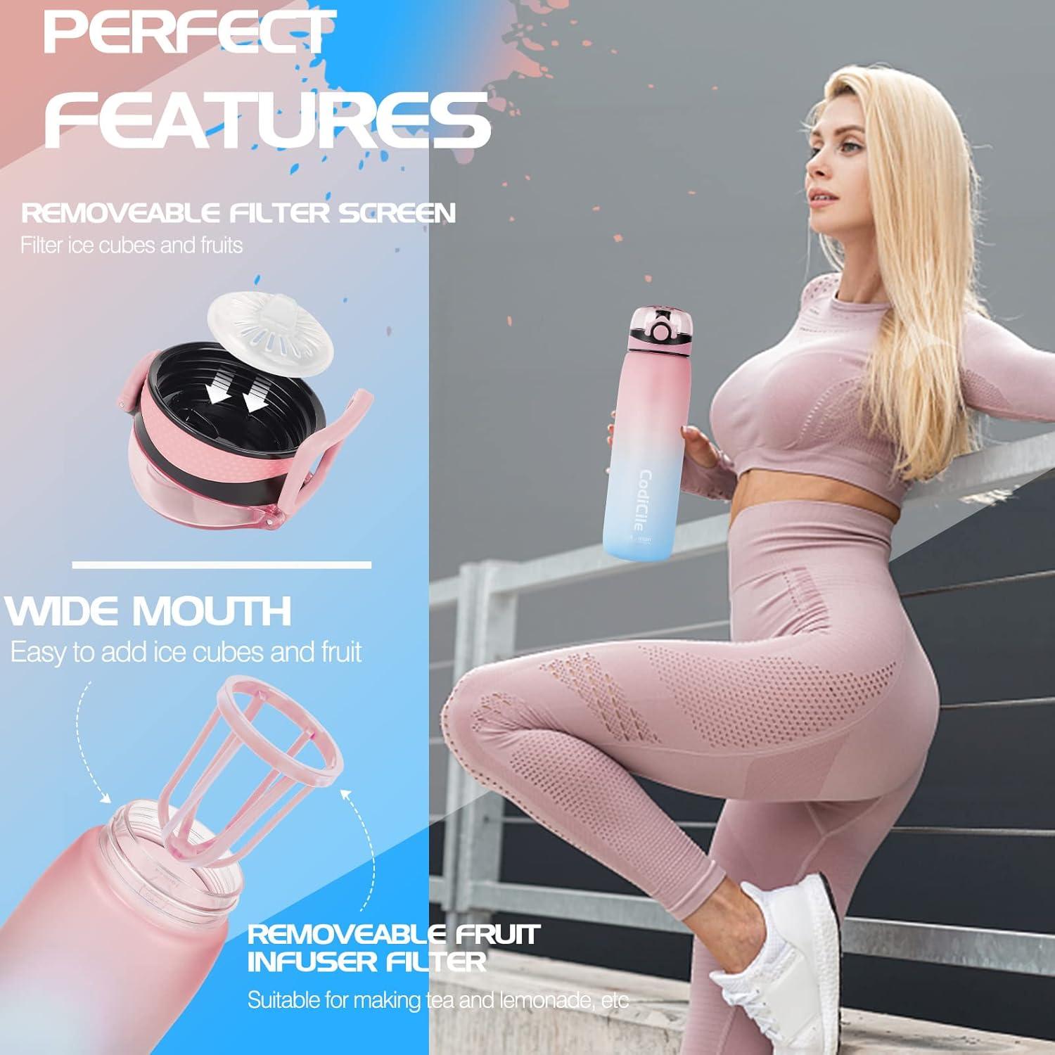 Trinkflasche 1L BPA frei, Sport Wasserflasche mit Zeitmarkierung