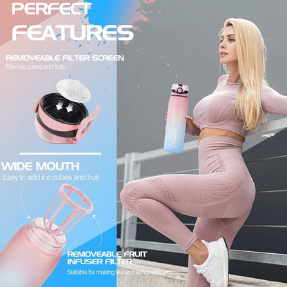 Trinkflasche 1L BPA frei, Sport Wasserflasche mit Zeitmarkierung