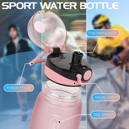 Sport Wasserflasche 1L Tritan BPA frei Zeitmarkierung Filter Blau/Rosa